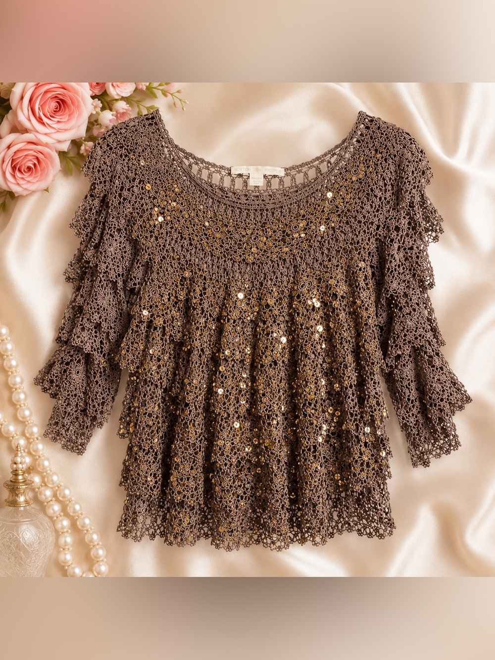 Boston Proper XS/S Crochet Sequin Ruffle Top Boho Luxe 3/4 Sleeve